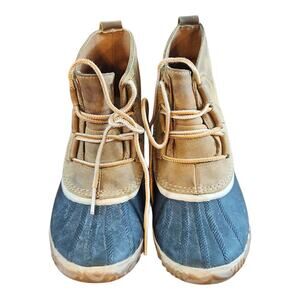 Sorel rain duck boot leather brown blue lace up sz 8.5 womens waterproof